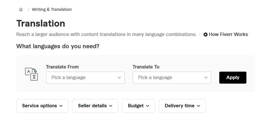 translation page on fiverr